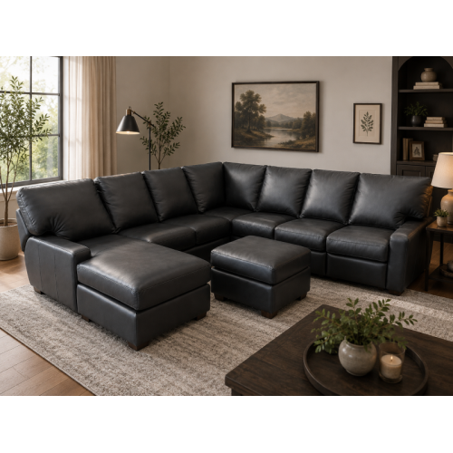 New Mavien Power Reclining Leather Sectional And Ottoman As Shown