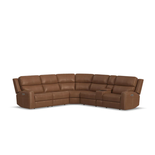 Flexsteel Linden Power Reclining Leather Sectional With Power Tilt Headrest | Power Lumbar