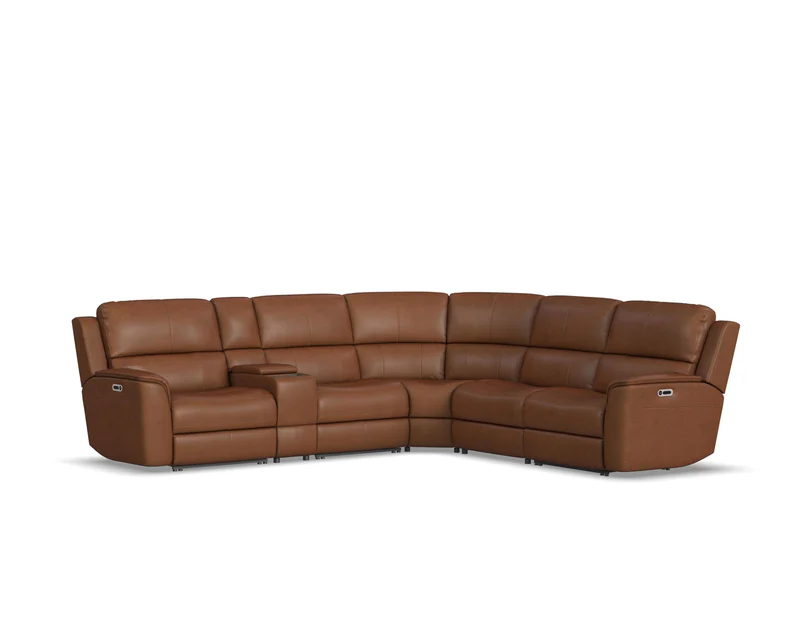 Flexsteel Henry Power Reclining Leather Sectional With Power Tilt Headrest | Power Lumbar