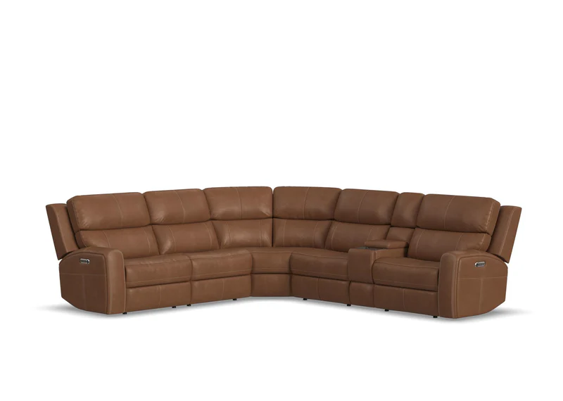 Flexsteel Linden Power Reclining Leather Sectional With Power Tilt Headrest | Power Lumbar